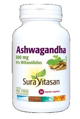 Ashwagandha, 500 mg, 5% withanólidos, 30 Cápsulas Vegetales Sura Vitasan
