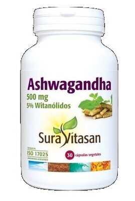 Ashwagandha, 500 mg, 5% withanólidos, 30 Cápsulas Vegetales Sura Vitasan