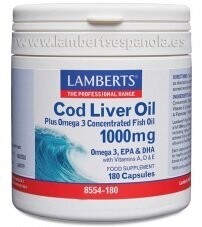 Aceite de Hígado de Bacalao 1000 mg en forma de triglicéridos. Con 280 mg de Omega 3 y Vitaminas A, D y E. 180 Cápsulas Lamberts