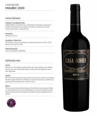 Vino Tinto Casa boher malbec x750cc