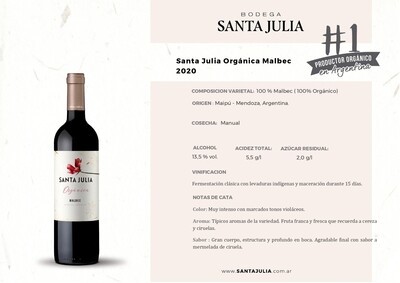 Vino Tinto Santa julia organica malbec x750cc