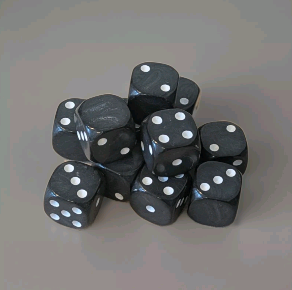 Quality UK Made Dice x 10 - Classic Black Pearl, white Pip - Custom Six Side