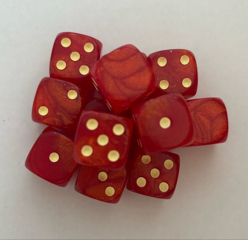 Quality UK Made Dice x 10 - Red Gold Glitter Yellow Pip - Custom Six Side