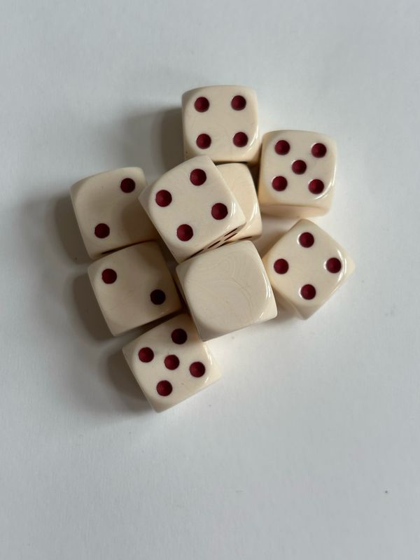 Quality UK Made Dice x 10 - Ivory Tusk Crimson Pip - Custom Six Side