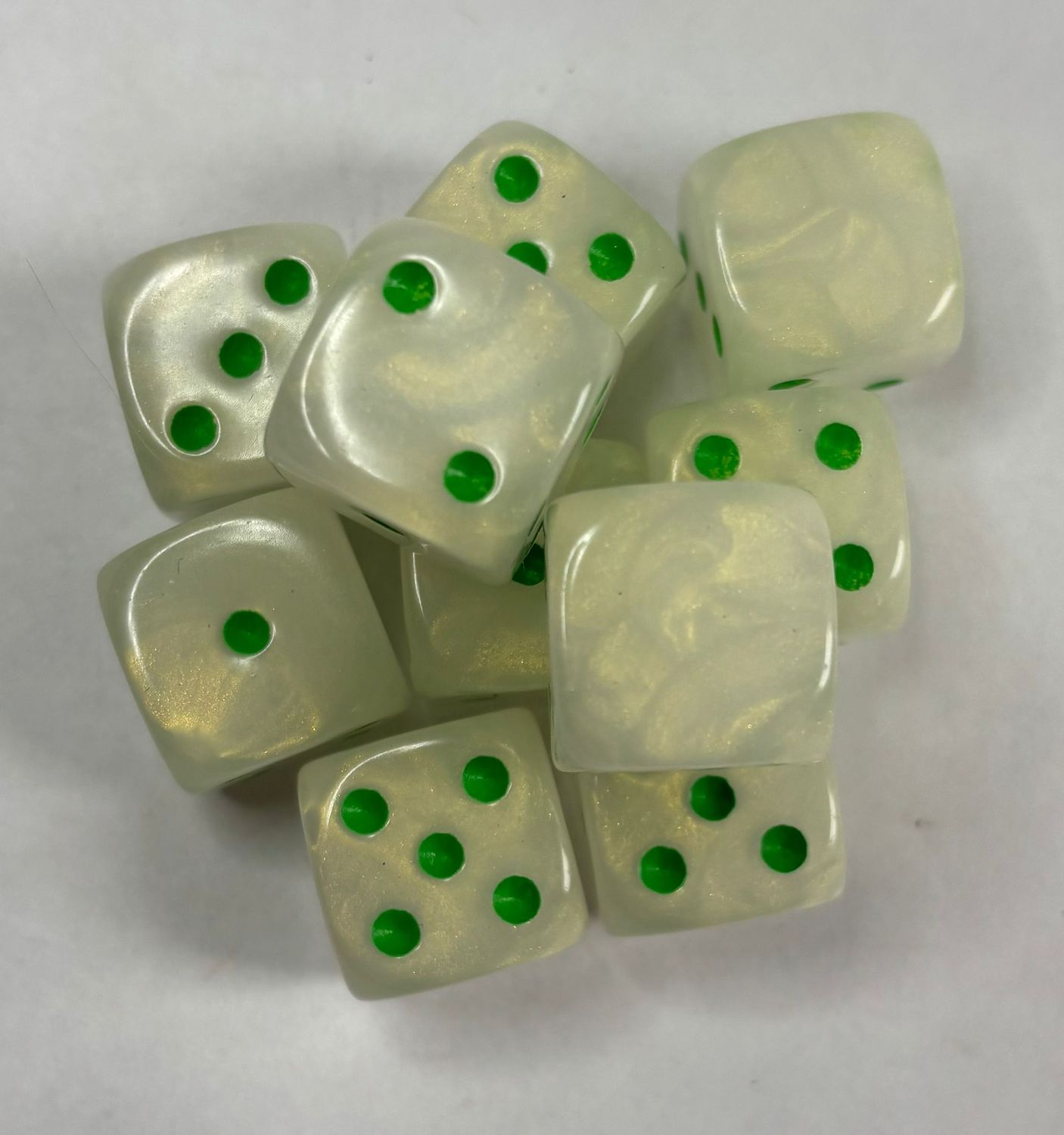 Quality UK Made Dice x 10 - Cosmic Gold Green Pip - Custom Six Side