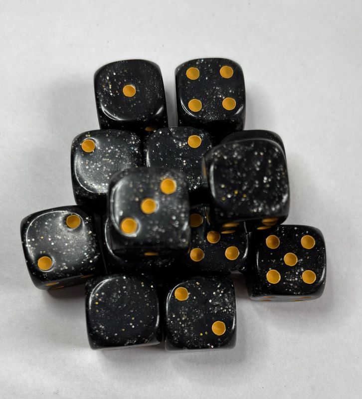 Quality UK Made Dice x 10 - Black Silver Fleck Yellow Pips - Custom Six Side