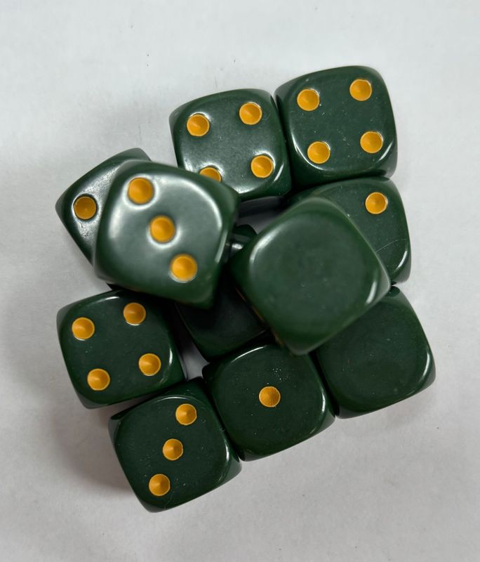 Quality UK Made Dice x 10 - Deep Green Yellow Pip - Custom Six Side