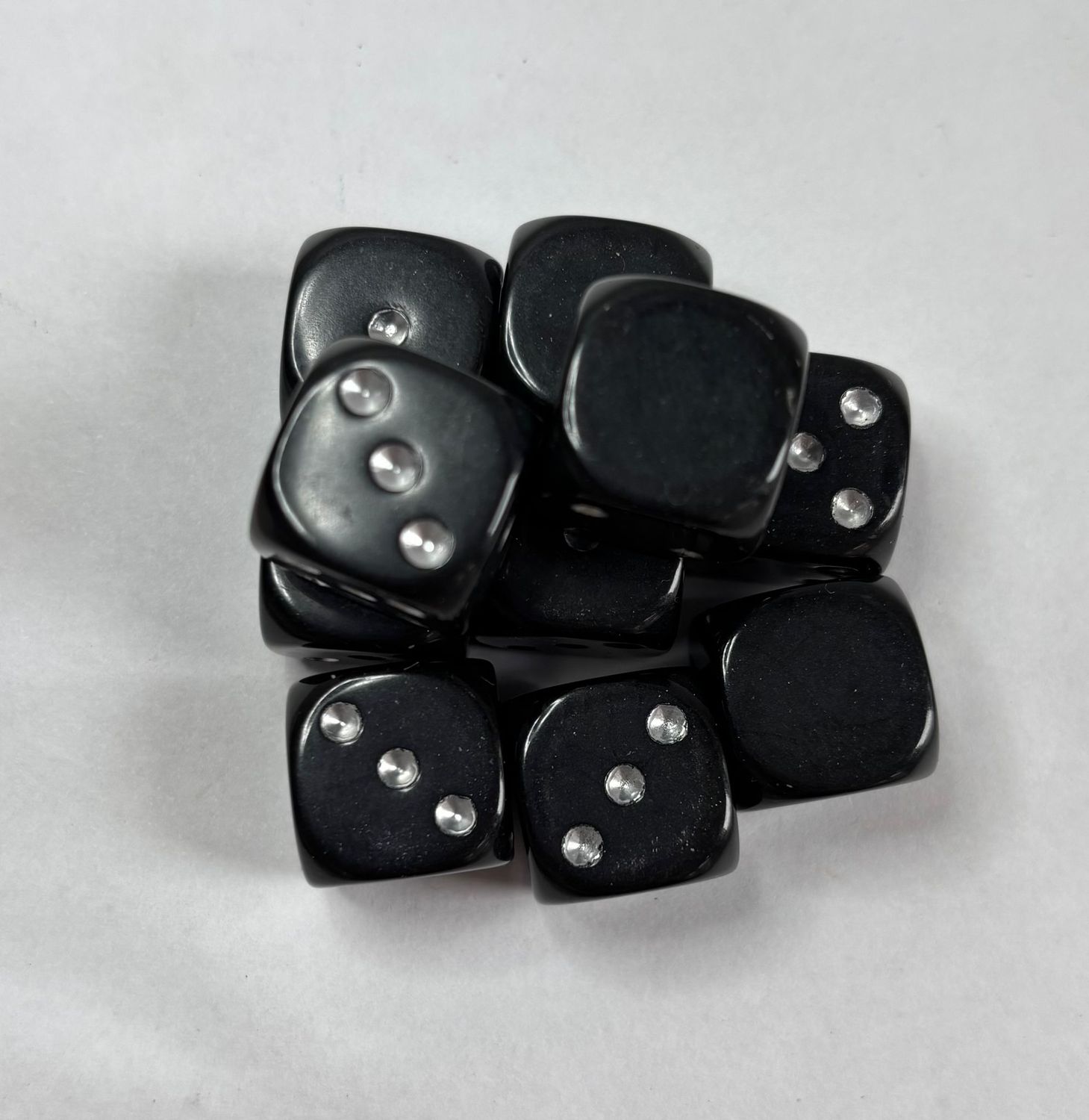 Quality UK Made Dice x 10 - Classic Black Pearl, silver Pip - Custom Six Side