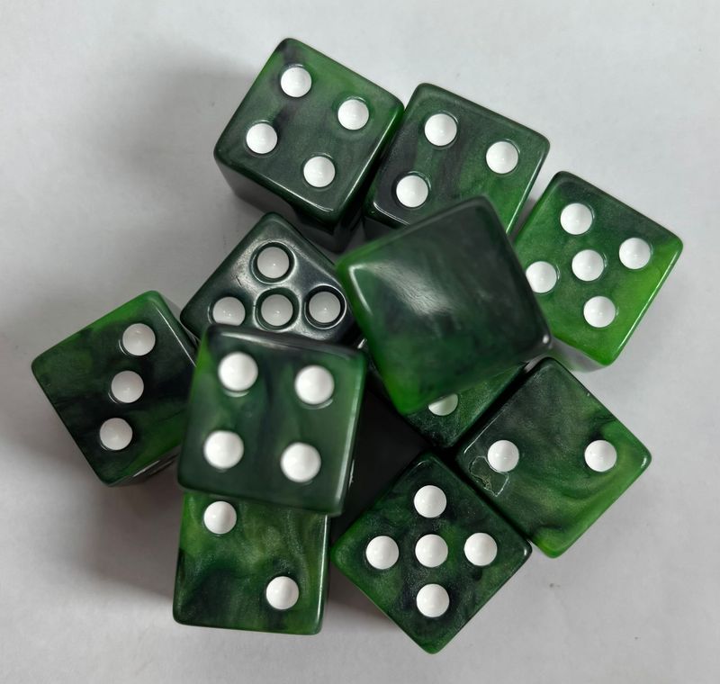 Quality Square Edge Dice x 10 - Green Black Blitz - Custom Six Side