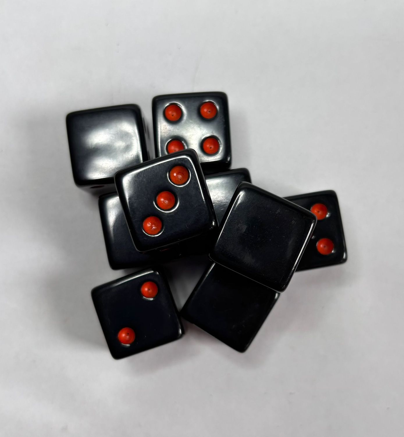 Quality Square Edge Dice x 10 - Solid Black Orange Pip- Custom Six Side