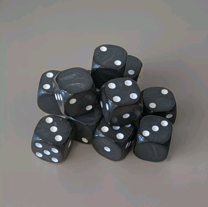 Quality UK Made Dice x 10 - Classic Black Pearl, white Pip - Custom Six Side