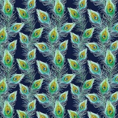 Peacock Feathers - Navy - 100% cotton digital print fabric