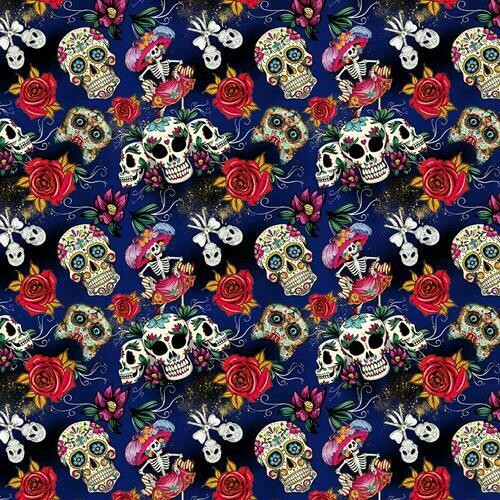 Day of the Dead 03 - Blue - 100% cotton digital print fabric