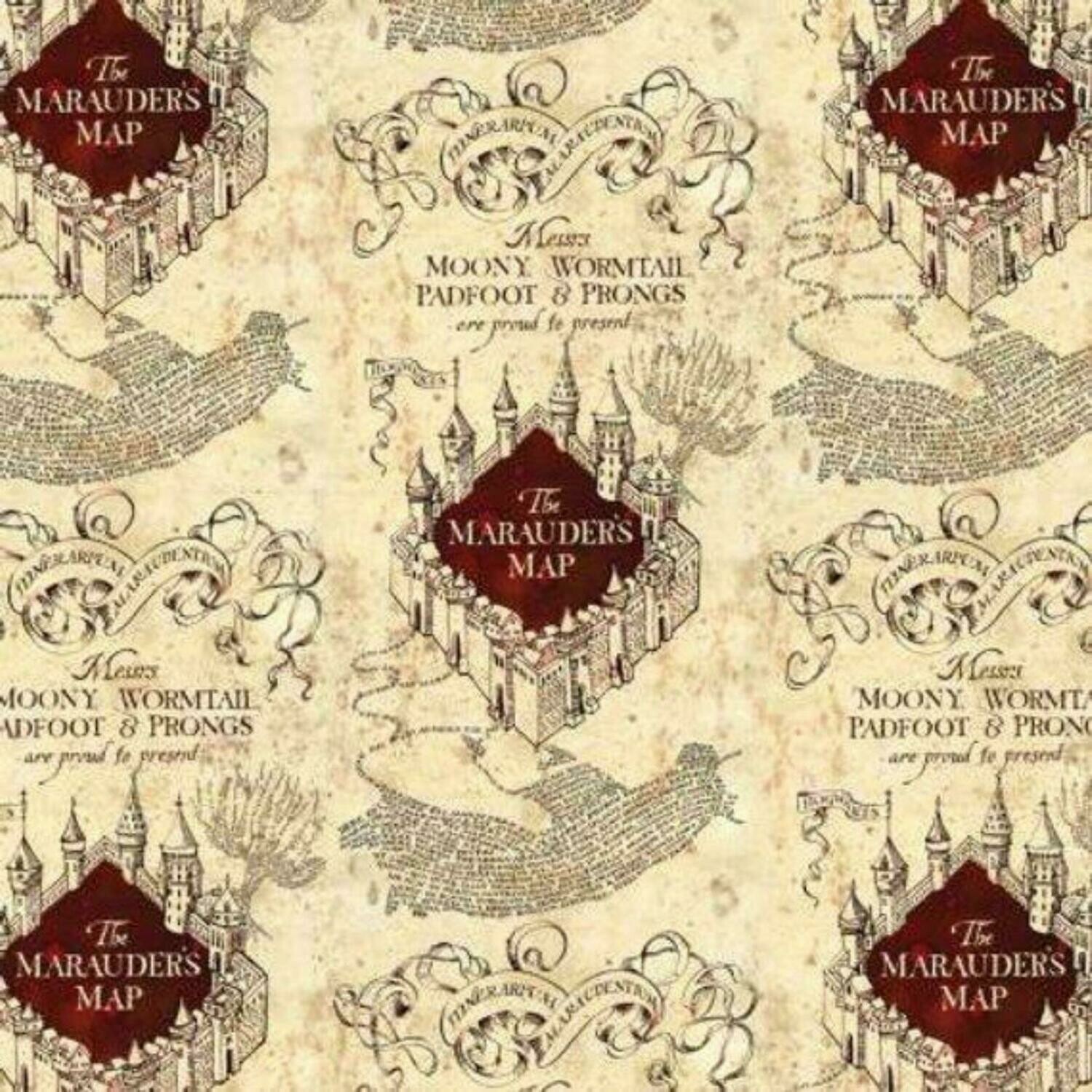 Harry Potter - Marauders Map - 100% cotton print fabric - Cream &amp; Wine