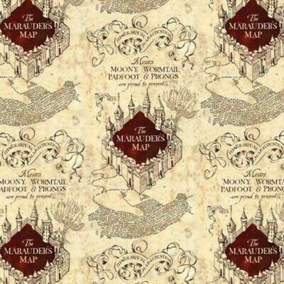 Harry Potter - Marauders Map - 100% cotton print fabric - Cream &amp; Wine