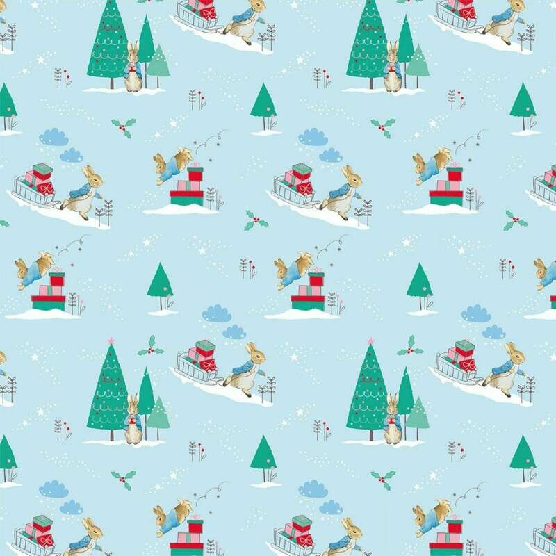 Peter Rabbit Christmas digital print fabric - Delivering Presents - Blue - 100% cotton