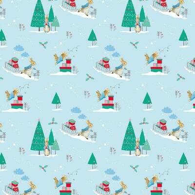 Peter Rabbit Christmas digital print fabric - Delivering Presents - Blue - 100% cotton