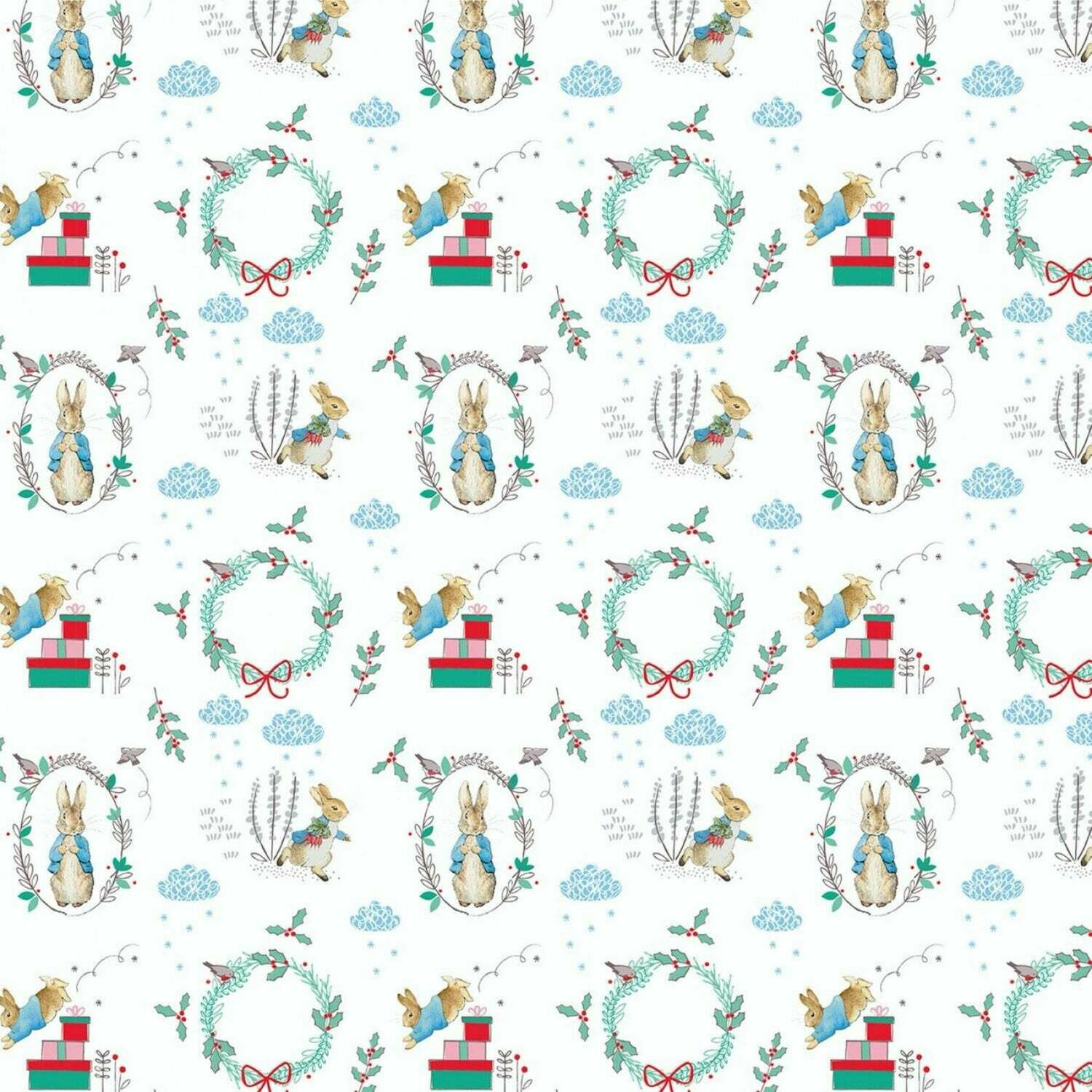 Peter Rabbit Christmas digital print fabric - Wreath - White - 100% cotton