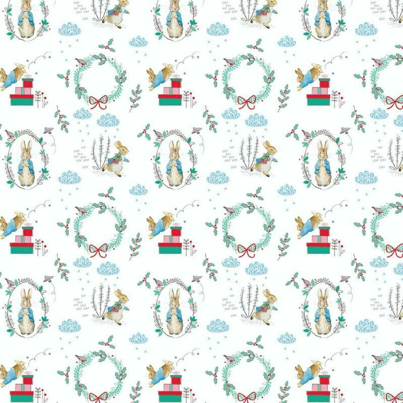Peter Rabbit Christmas digital print fabric - Wreath - White - 100% cotton