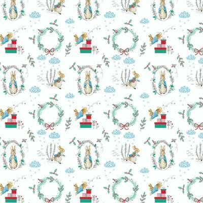 Peter Rabbit Christmas digital print fabric - Wreath - White - 100% cotton