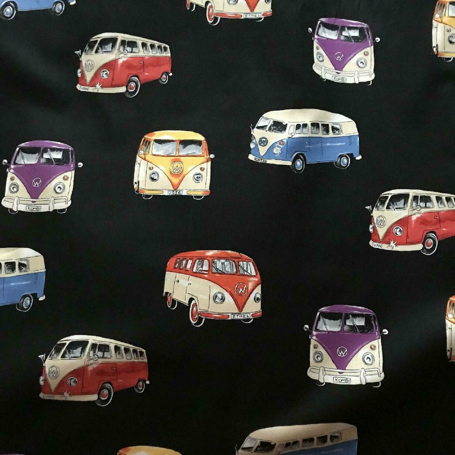 VWs on Tour - Black - 100% cotton print fabric