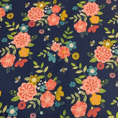 Wildflower Honey - Navy - 100% cotton print fabric