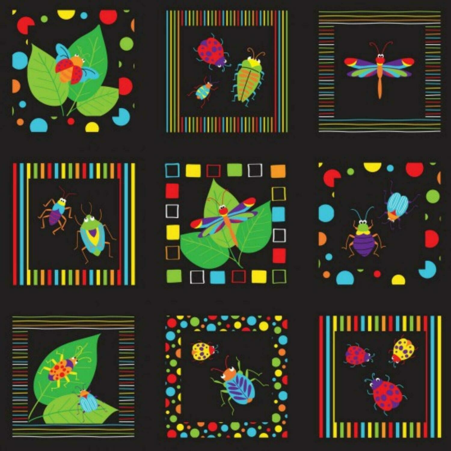 Bugs &amp; Critters - Squares - Black - 100% cotton print fabric