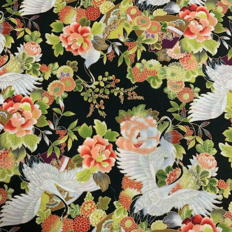 Tokiwa - Black - 100% cotton print Japanese metallic fabric