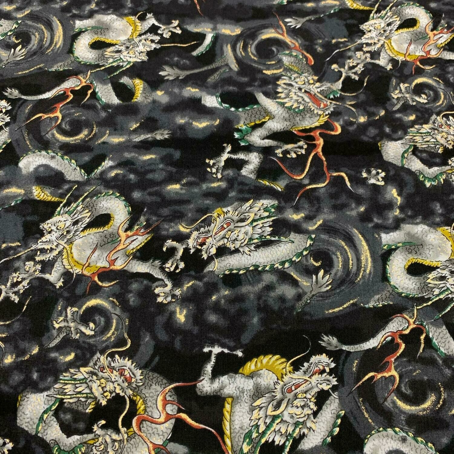 Shina (Dragons) - Black - 100% cotton print Japanese metallic fabric