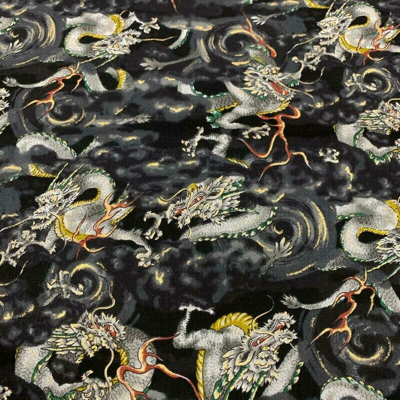 Shina (Dragons) - Black - 100% cotton print Japanese metallic fabric