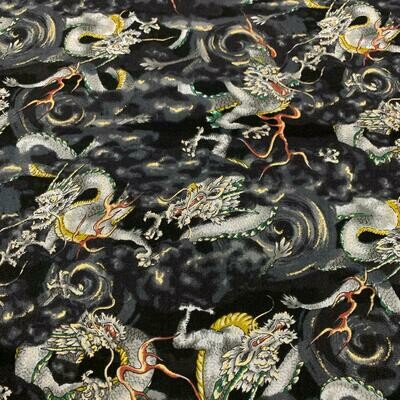 Shina (Dragons) - Black - 100% cotton print Japanese metallic fabric