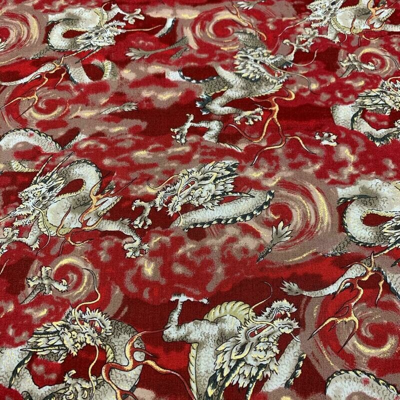 Shina (Dragons) - Red - 100% cotton print Japanese metallic fabric