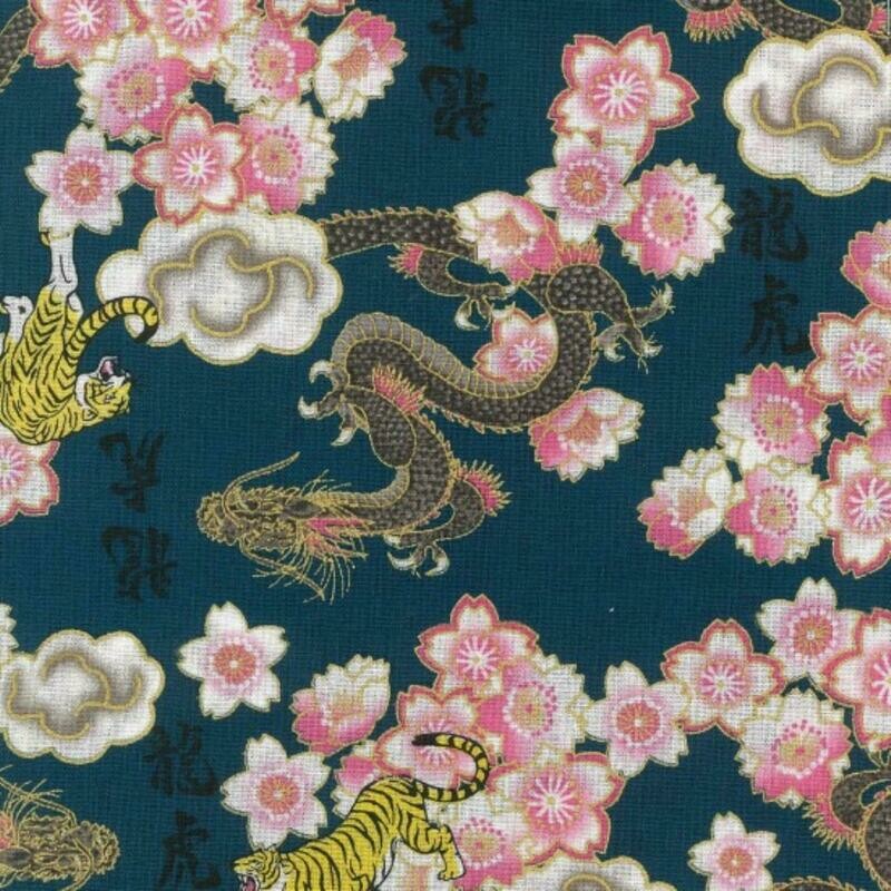 Kobo - Teal - 100% cotton print Japanese metallic fabric