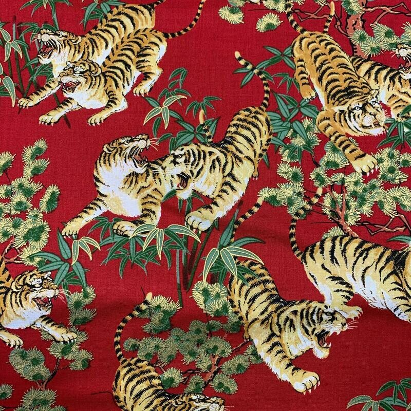 Shina (Tigers) - Red - 100% cotton print Japanese metallic fabric