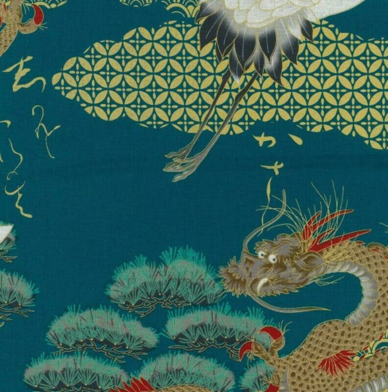 Daigo - Teal - 100% cotton print Japanese metallic fabric