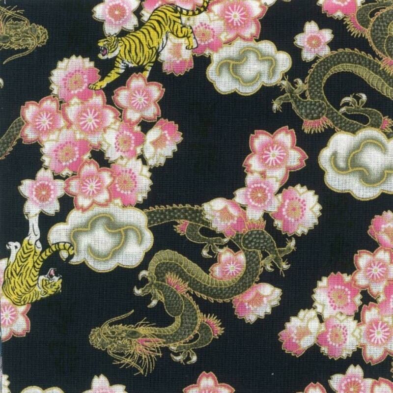 Kobo - Black - 100% cotton print Japanese metallic fabric