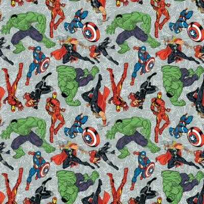 Cartoon Heroes on Line Art - Grey - 100% cotton print fabric