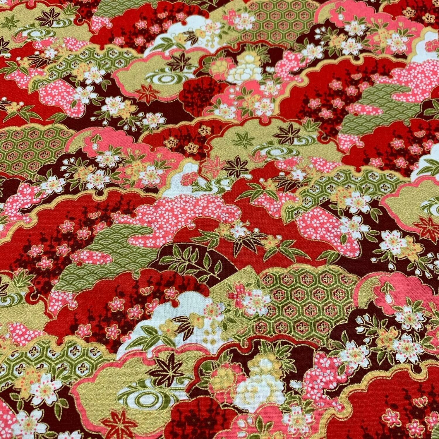 Multi Flowers - Red - 100% cotton, metallic fabric