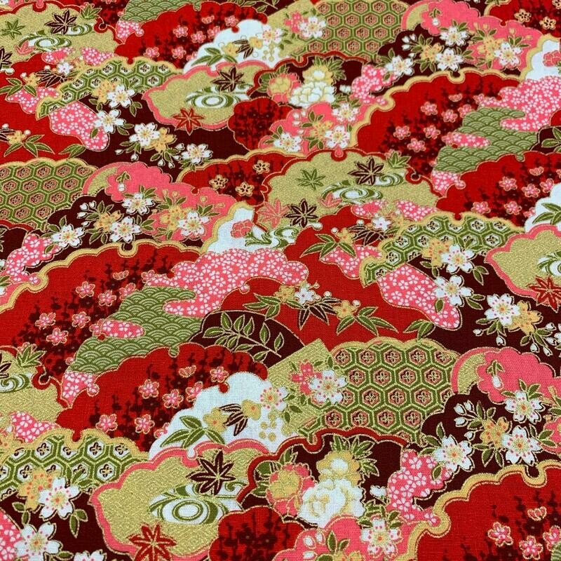Multi Flowers - Red - 100% cotton, metallic fabric
