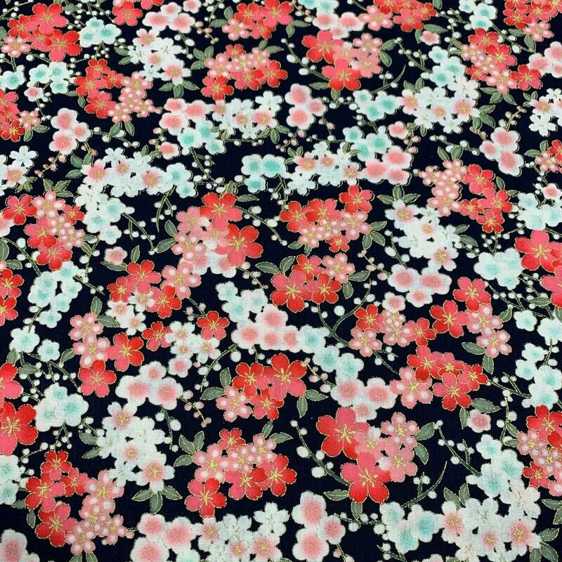 Small Floral - Navy - 100% cotton, metallic fabric