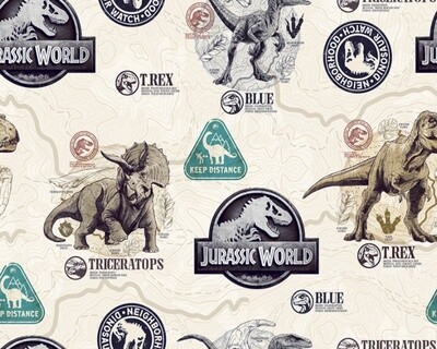 Jurassic World Badge - Cream - 100% cotton digital print fabric