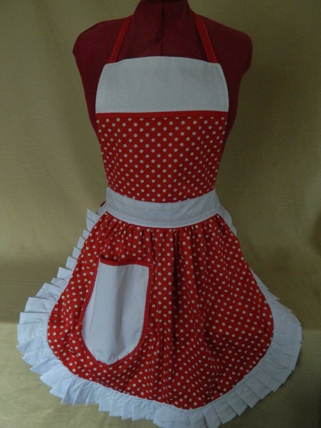 Retro Vintage 50&#39;s Style Full Apron - Red &amp; White Polka Dot with White Trim