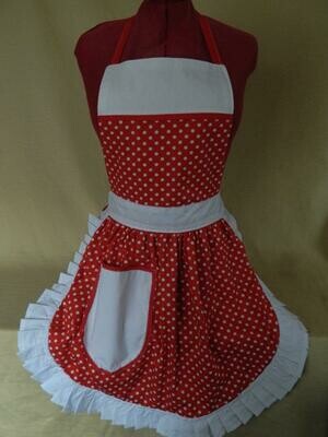Retro Vintage 50&#39;s Style Full Apron - Red &amp; White Polka Dot with White Trim