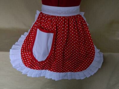Retro Vintage 50&#39;s Style Half Apron - Red &amp; White Polka Dot with White Trim