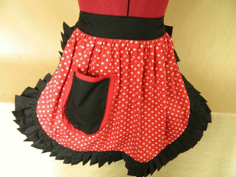Retro Vintage 50&#39;s Style Half Apron - Red &amp; White Polka Dot with Black Trim