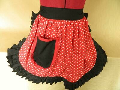 Retro Vintage 50&#39;s Style Half Apron - Red &amp; White Polka Dot with Black Trim