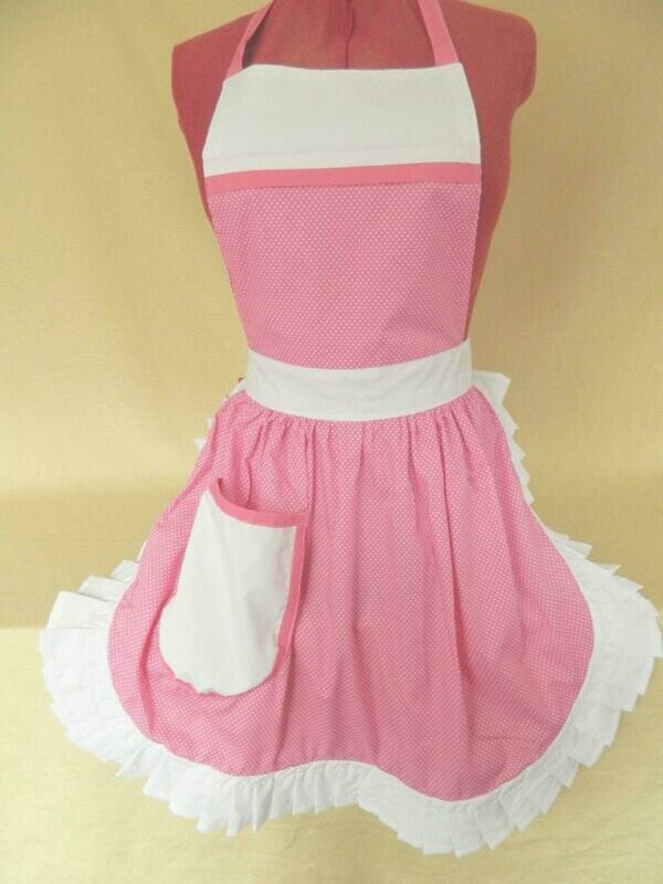 Retro Vintage 50&#39;s Style Full Apron - Pink &amp; White Polka Dot with White Trim