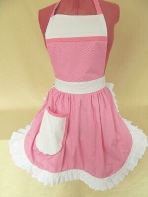 Retro Vintage 50&#39;s Style Full Apron - Pink &amp; White Polka Dot with White Trim