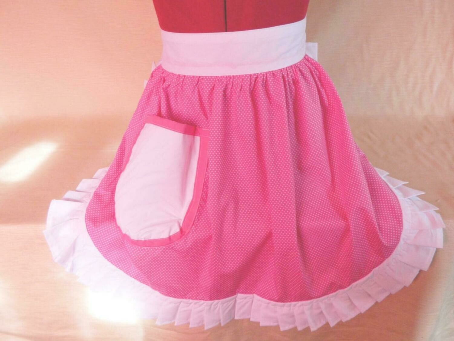 Retro Vintage 50&#39;s Style Half Apron - Pink &amp; White Polka Dot with White Trim