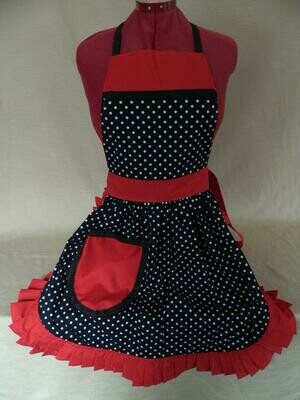 Retro Vintage 50&#39;s Style Full Apron - Black &amp; White Polka Dot with Red Trim